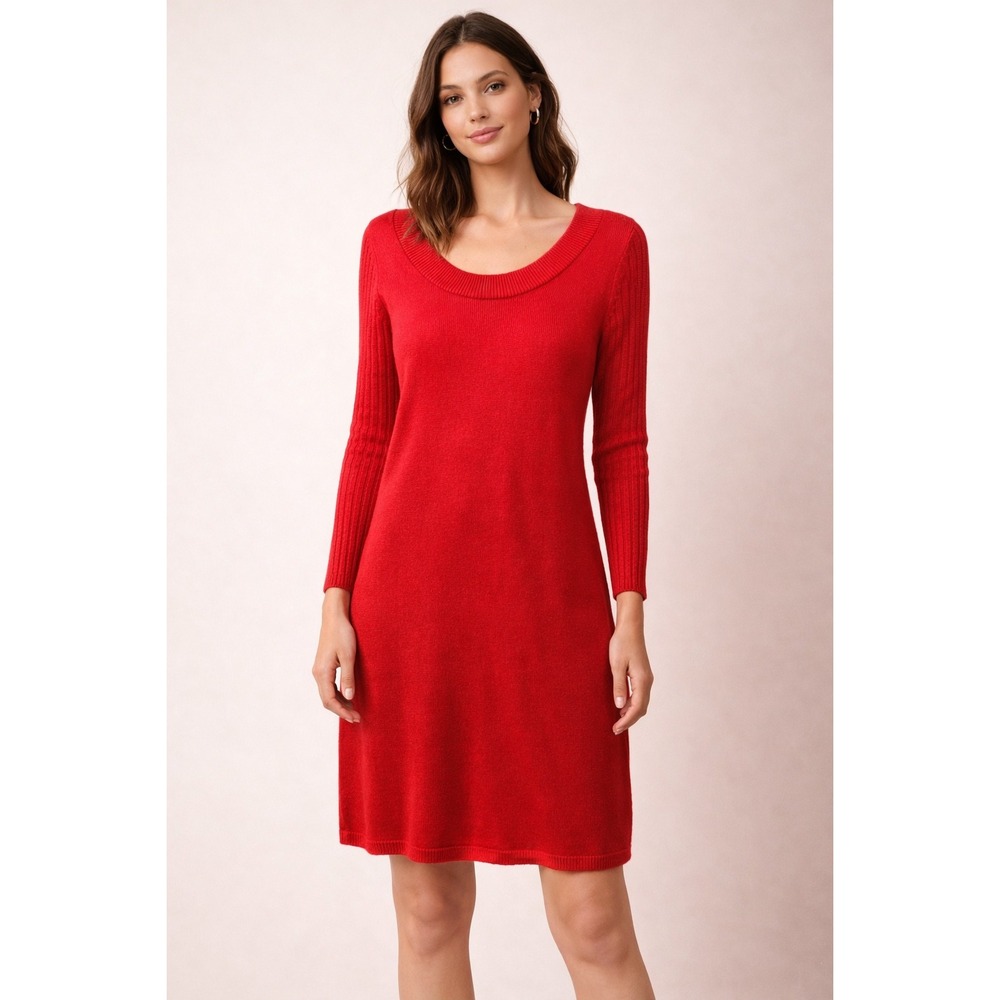 Calvin Klein Sweater Dress Womens Large Red Long‎ Sleeve Knit Cable Knit Office